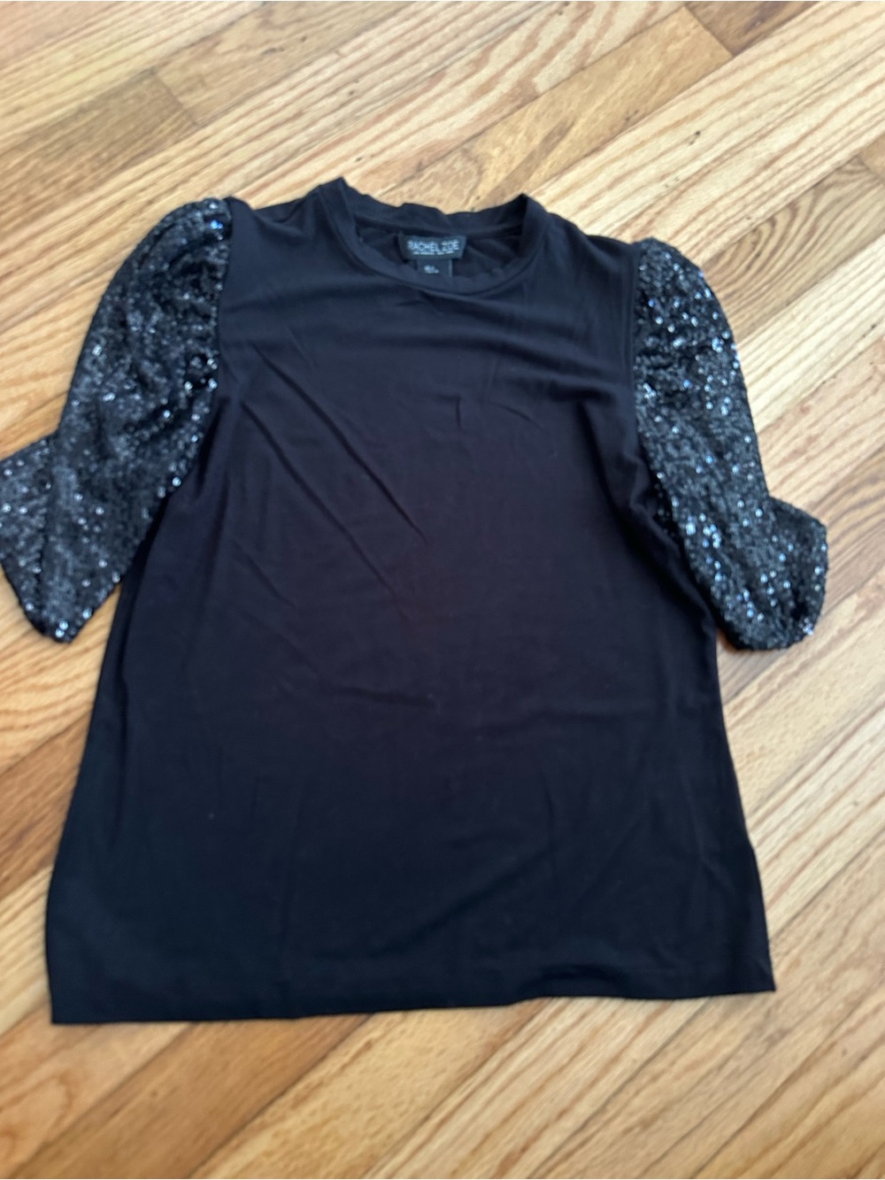 Rachel Zoe Black Top with Sequin Puff Sleeves
